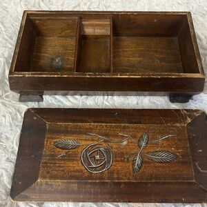 Rustic Brown Wooden Jewelry Trinket Box with Carved Floral Design